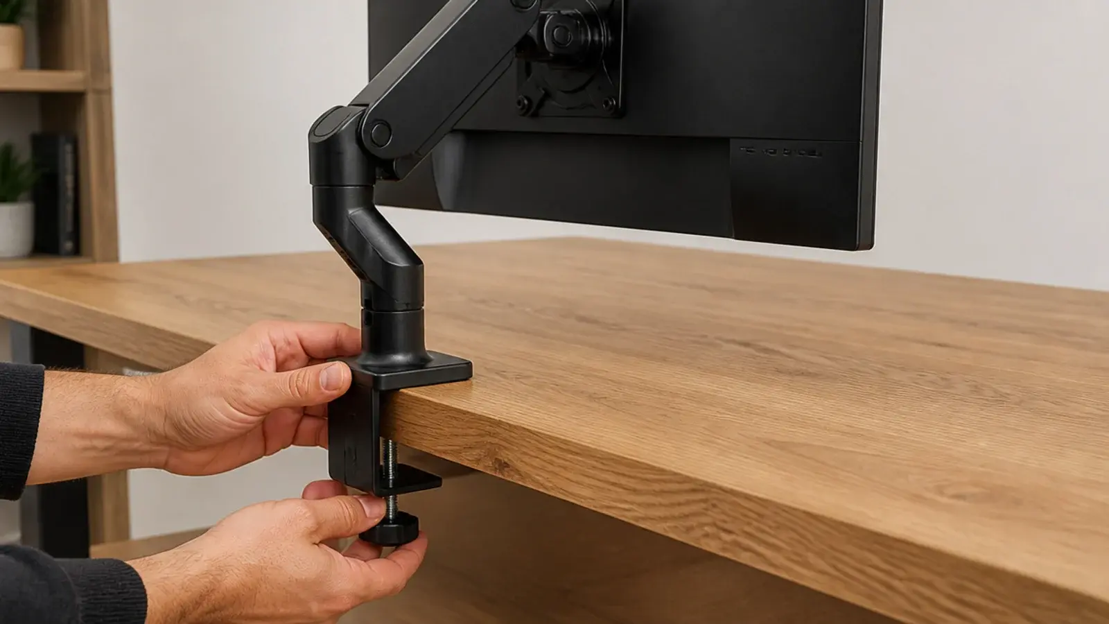 clamp arm being tightened onto the rear edge of a desk top