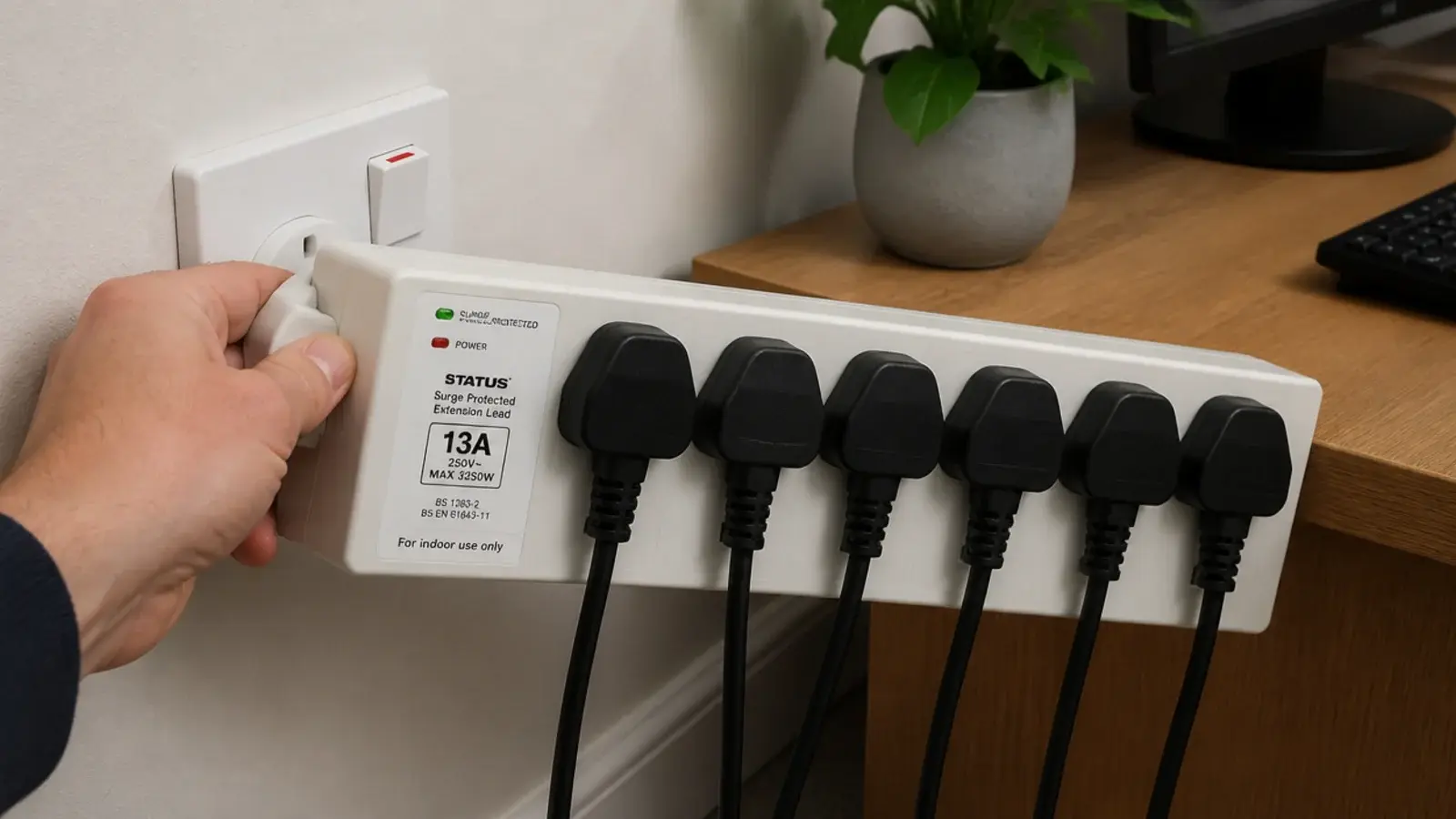 surge lead being plugged into a single wall socket beside a desk