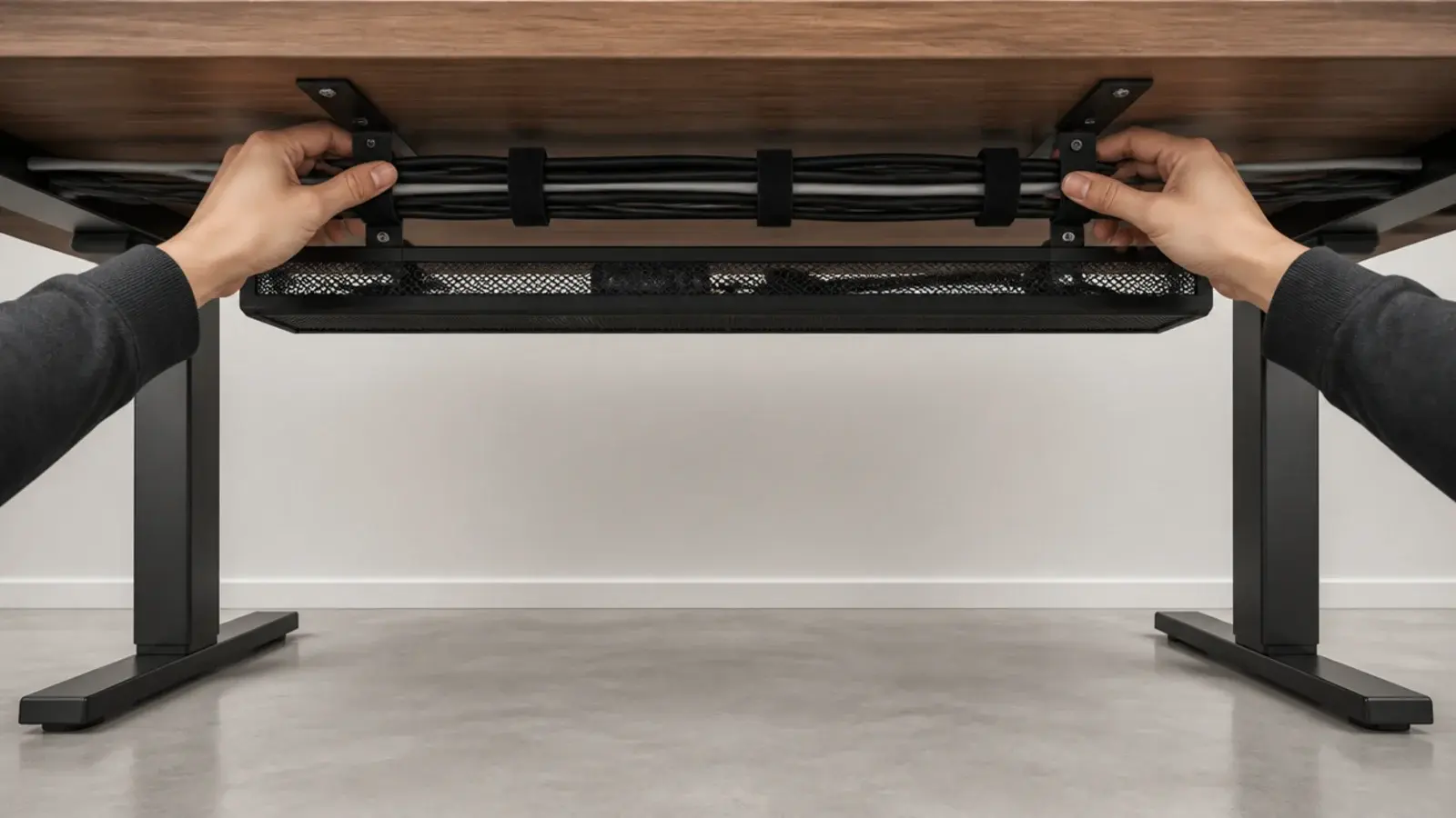 cables being gathered into velcro ties and dropped into a tray