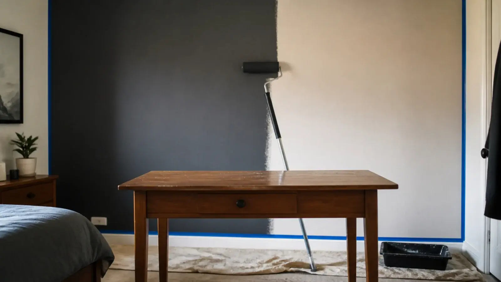 roller applying deep charcoal paint to the wall behind a desk