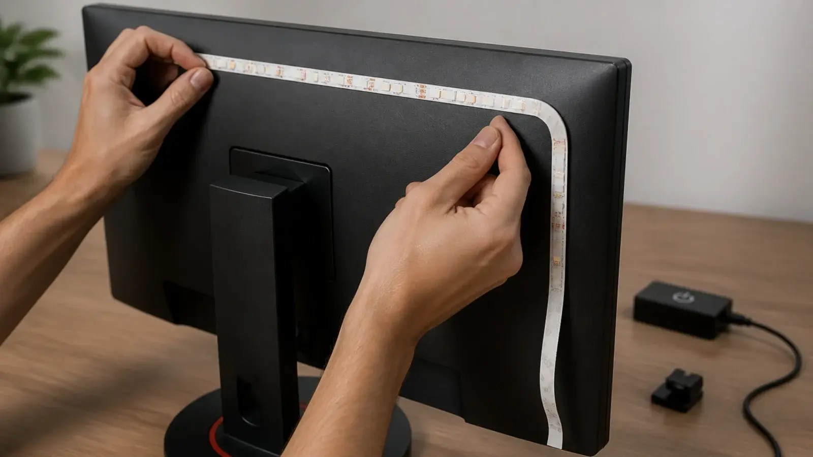 light strip being pressed onto the rear panel of a monitor