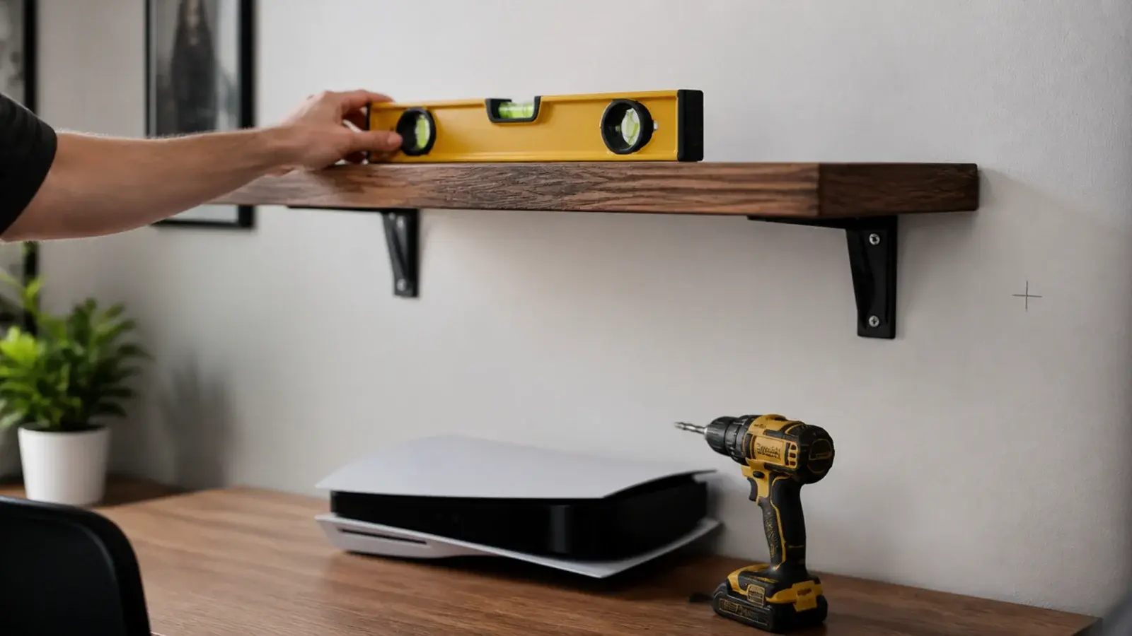 floating shelf being levelled above a desk with a console beside it