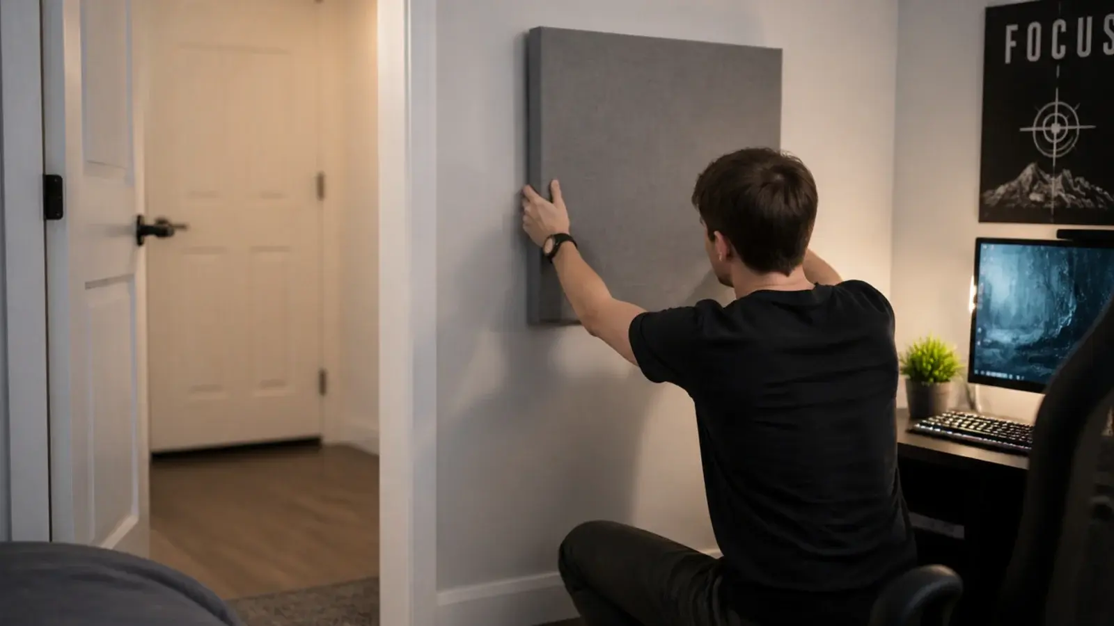fabric panel being hung beside a desk with a door seal fitted