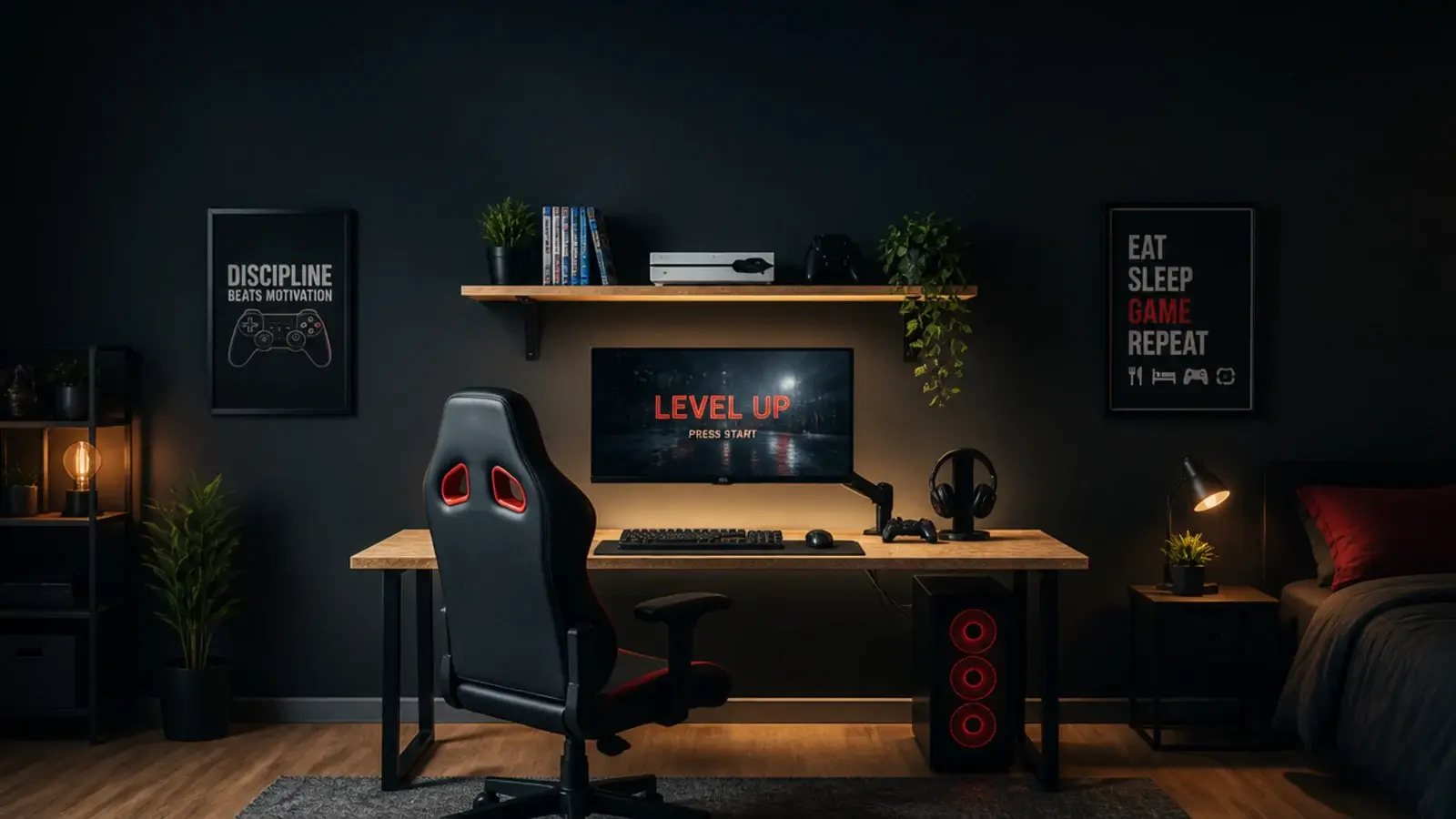 tall teen boy gaming bedroom build with desk monitor shelf and cabling