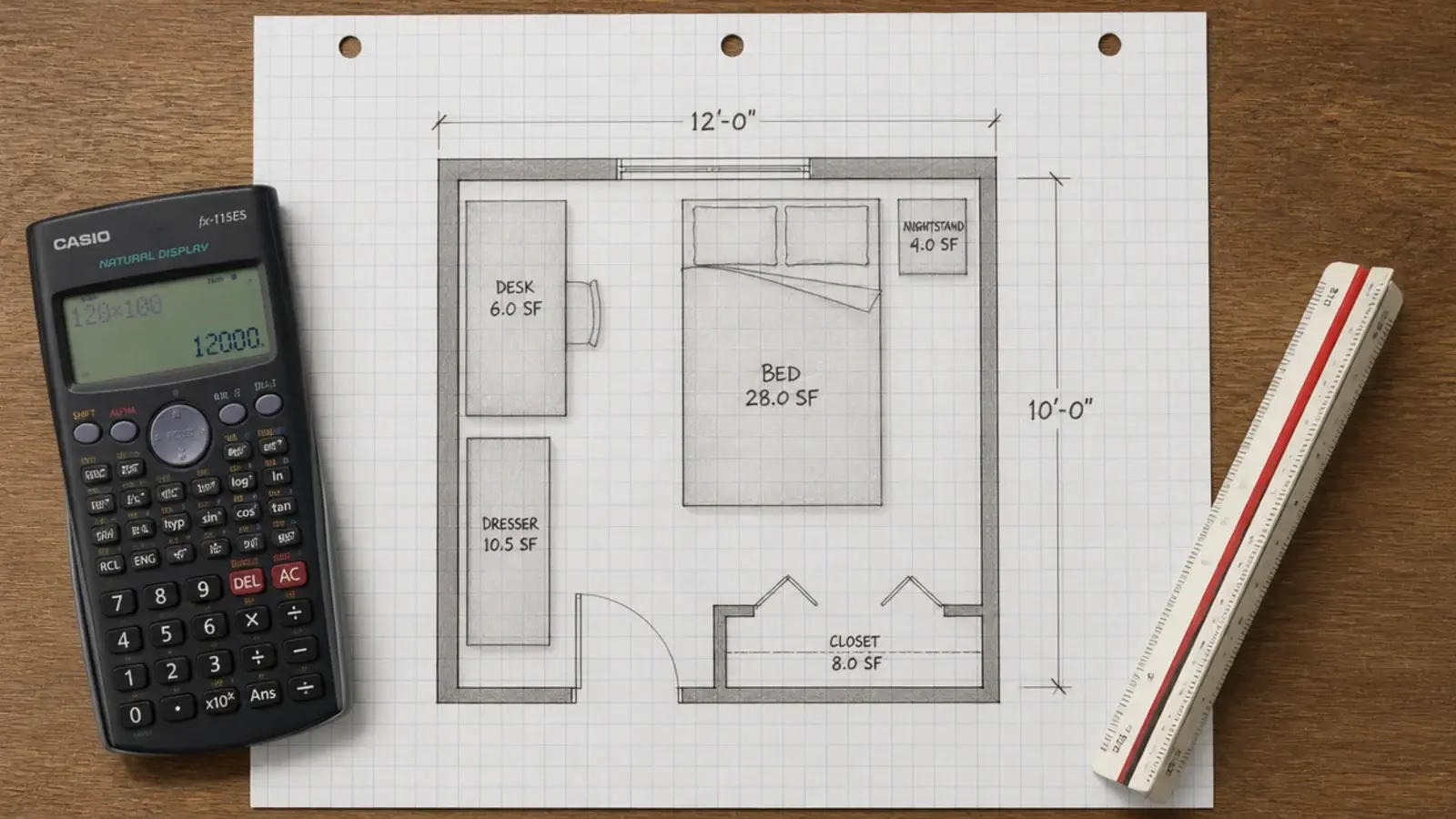 floor plan sketch with furniture footprints shaded and totalled