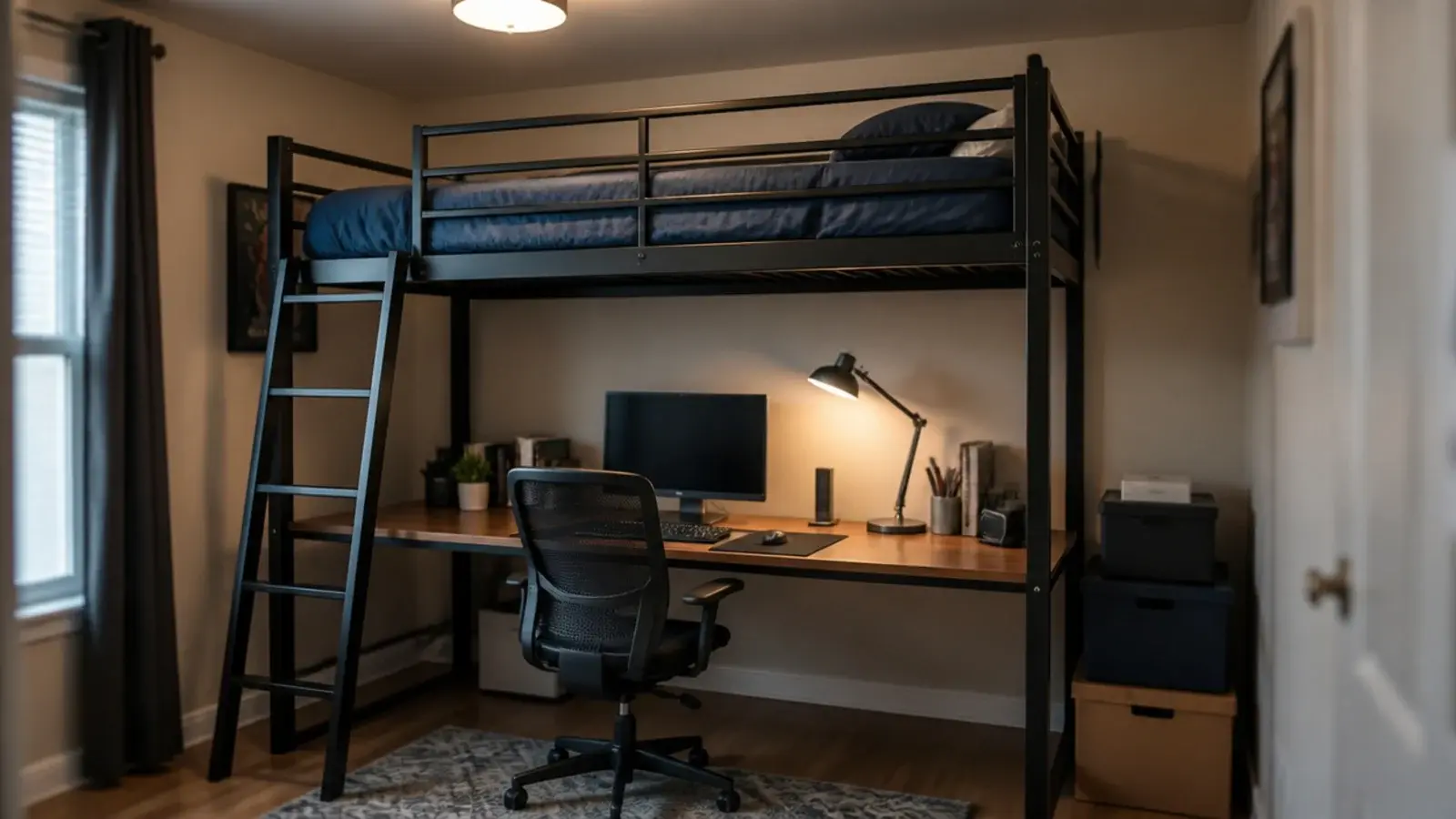 high loft bed deck with a desk and chair working underneath it