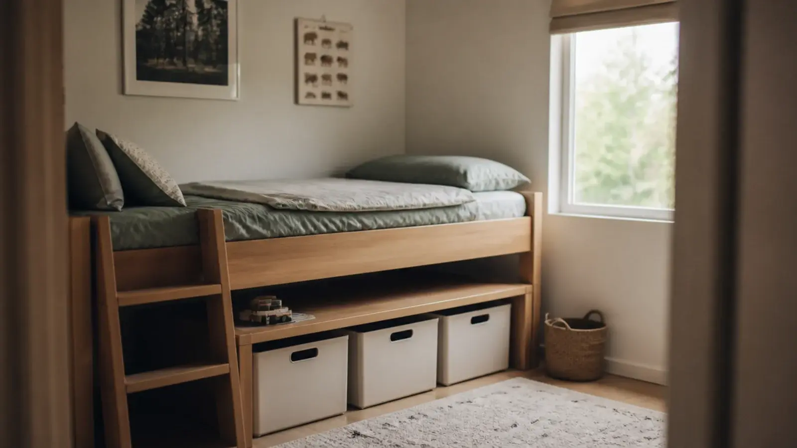 mid height bed deck with storage boxes and a bench underneath