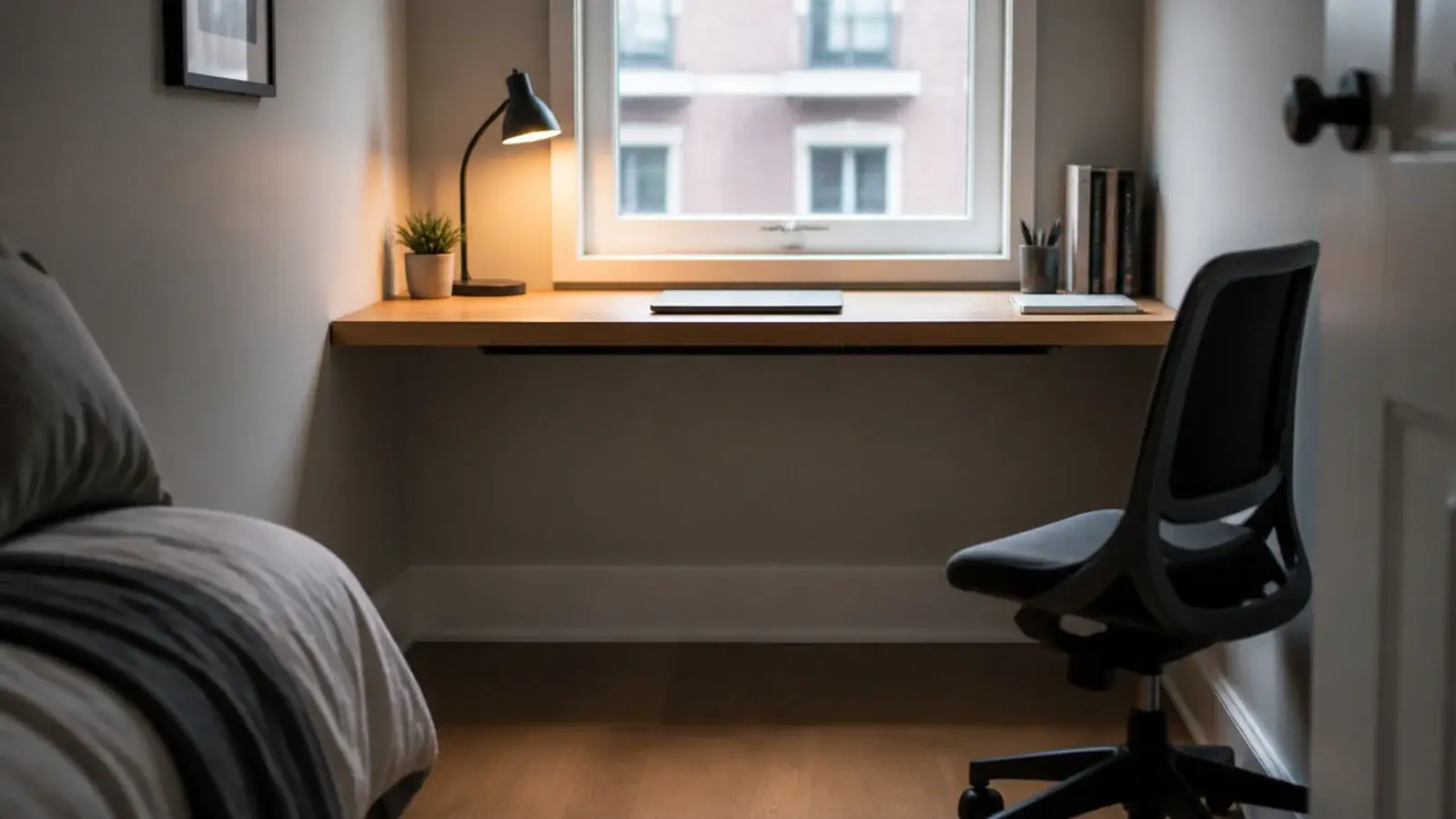 legless wall desk with a chair rolled clear of the empty floor