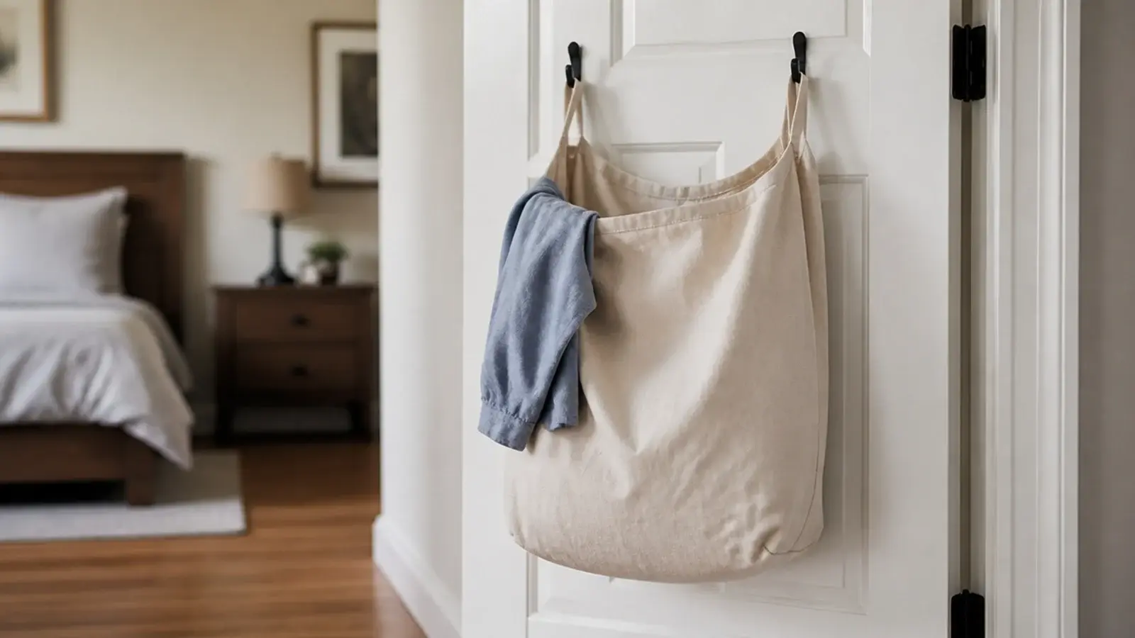 canvas laundry bag hanging from hooks on the back of a door