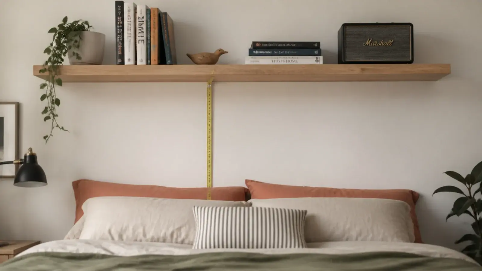 shelf mounted high above a bed holding books and a speaker