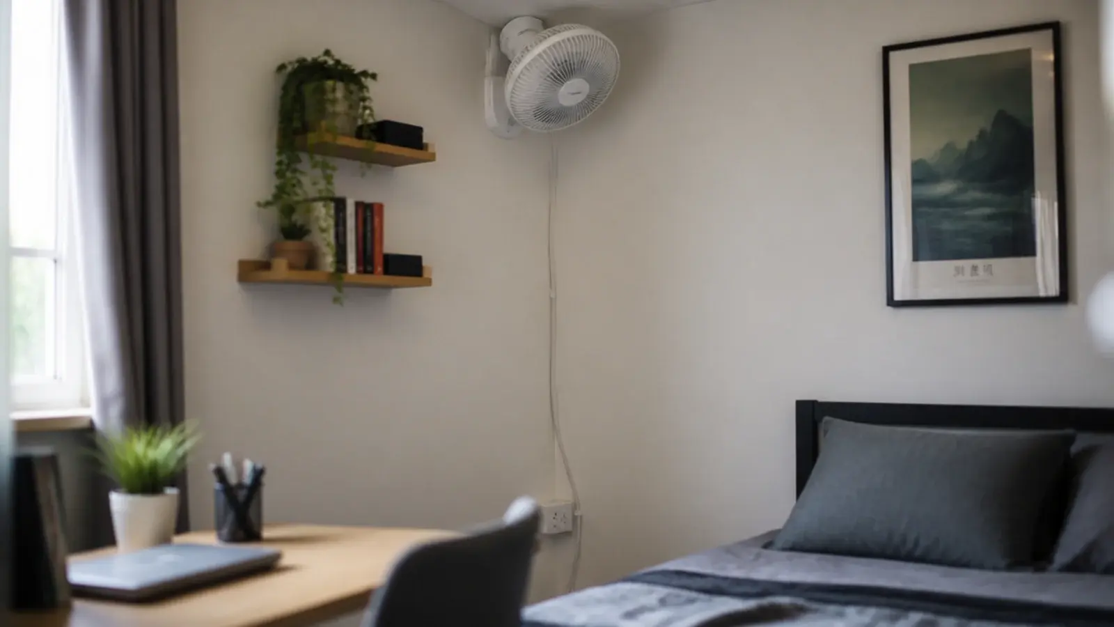 small wall mounted fan angled down toward a desk and bed