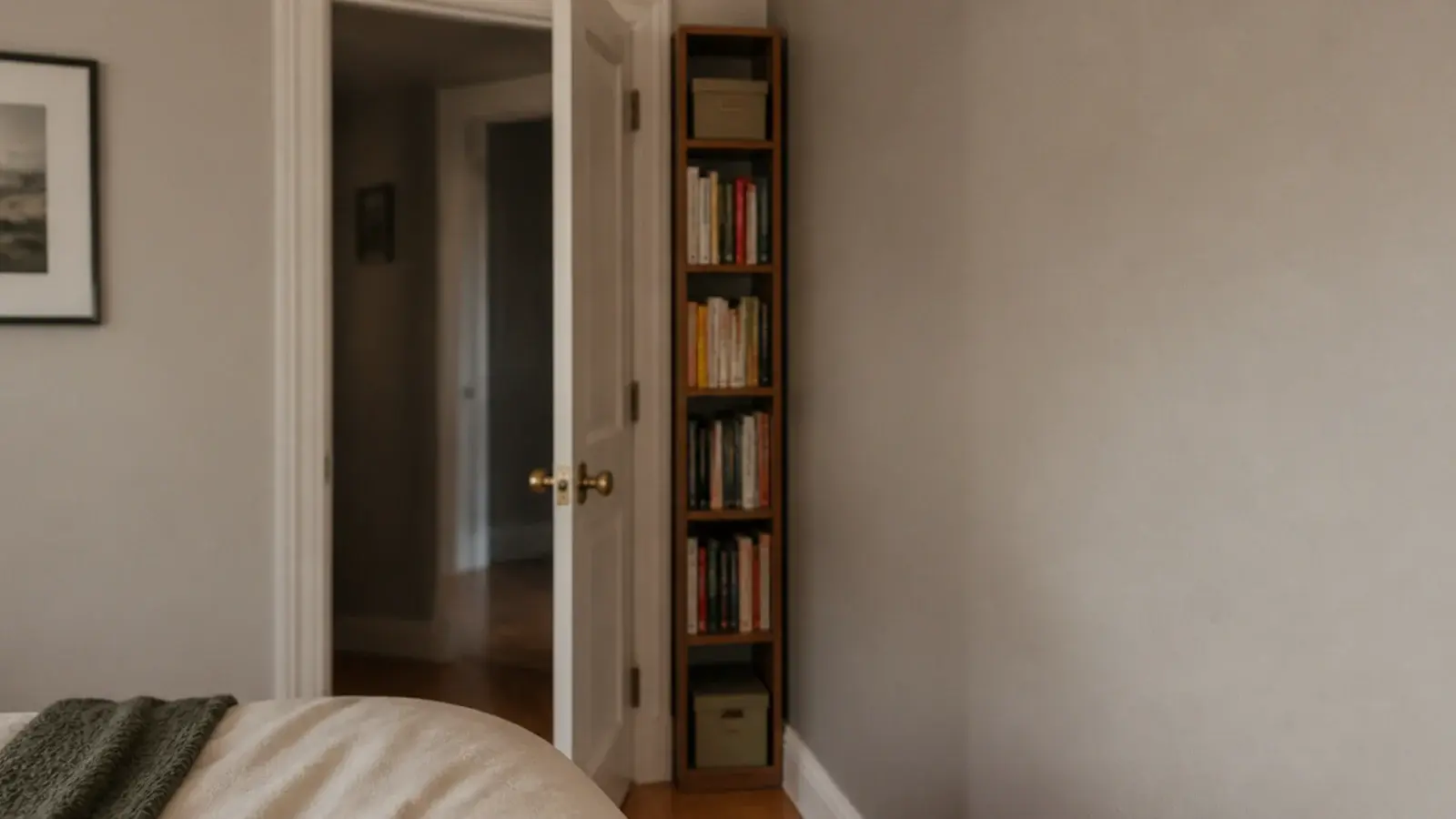 very narrow bookcase filling the gap between a door and a corner