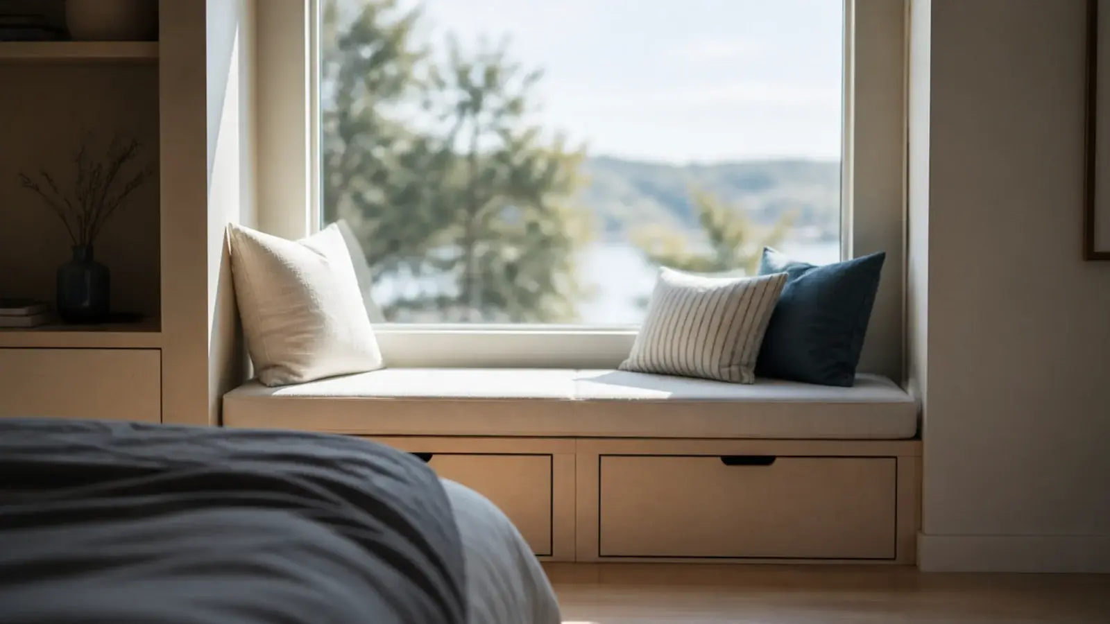 window seat with storage boxes beneath filling a bedroom recess