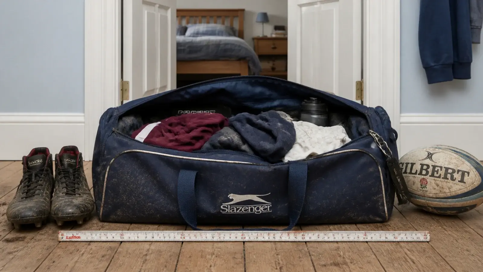 sports bag boots and ball measured against a folding rule on floor