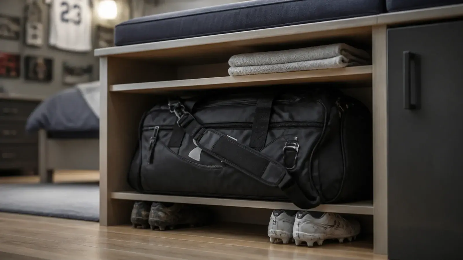 large kit bag sitting in a purpose sized open floor cubby