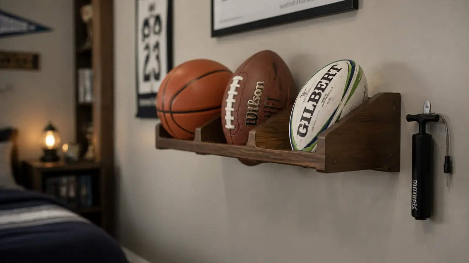 wall mounted rack holding a basketball football and rugby ball