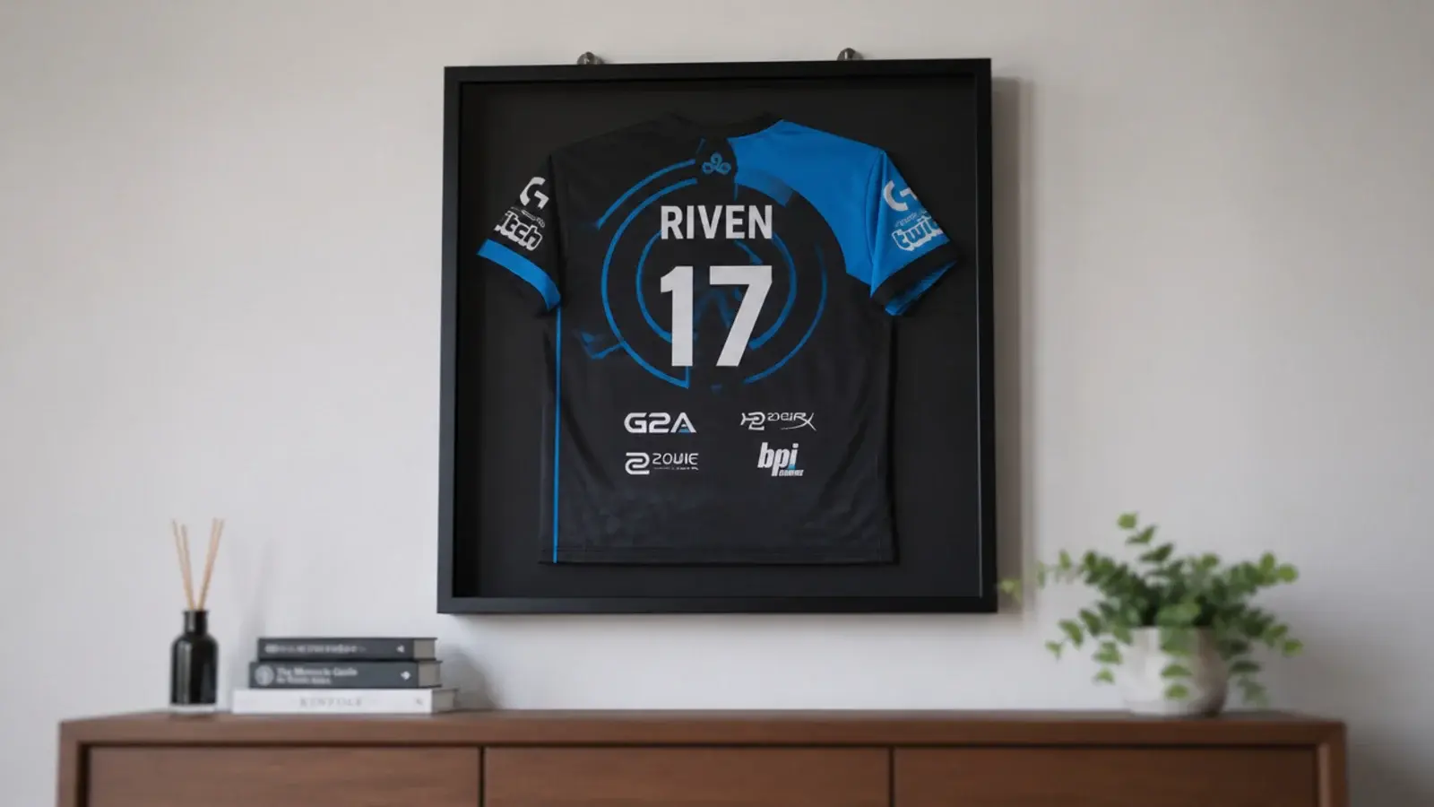 team shirt mounted in a deep shadow box frame on a plain wall