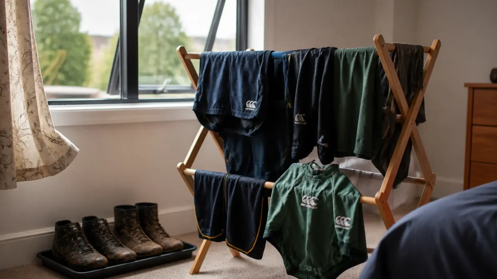 folding rail holding damp training kit beside an open window
