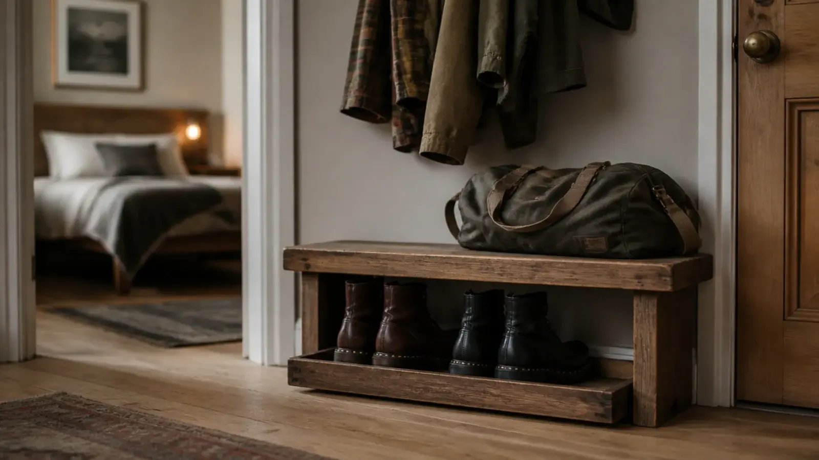 low bench beside a bedroom door with a boot tray underneath