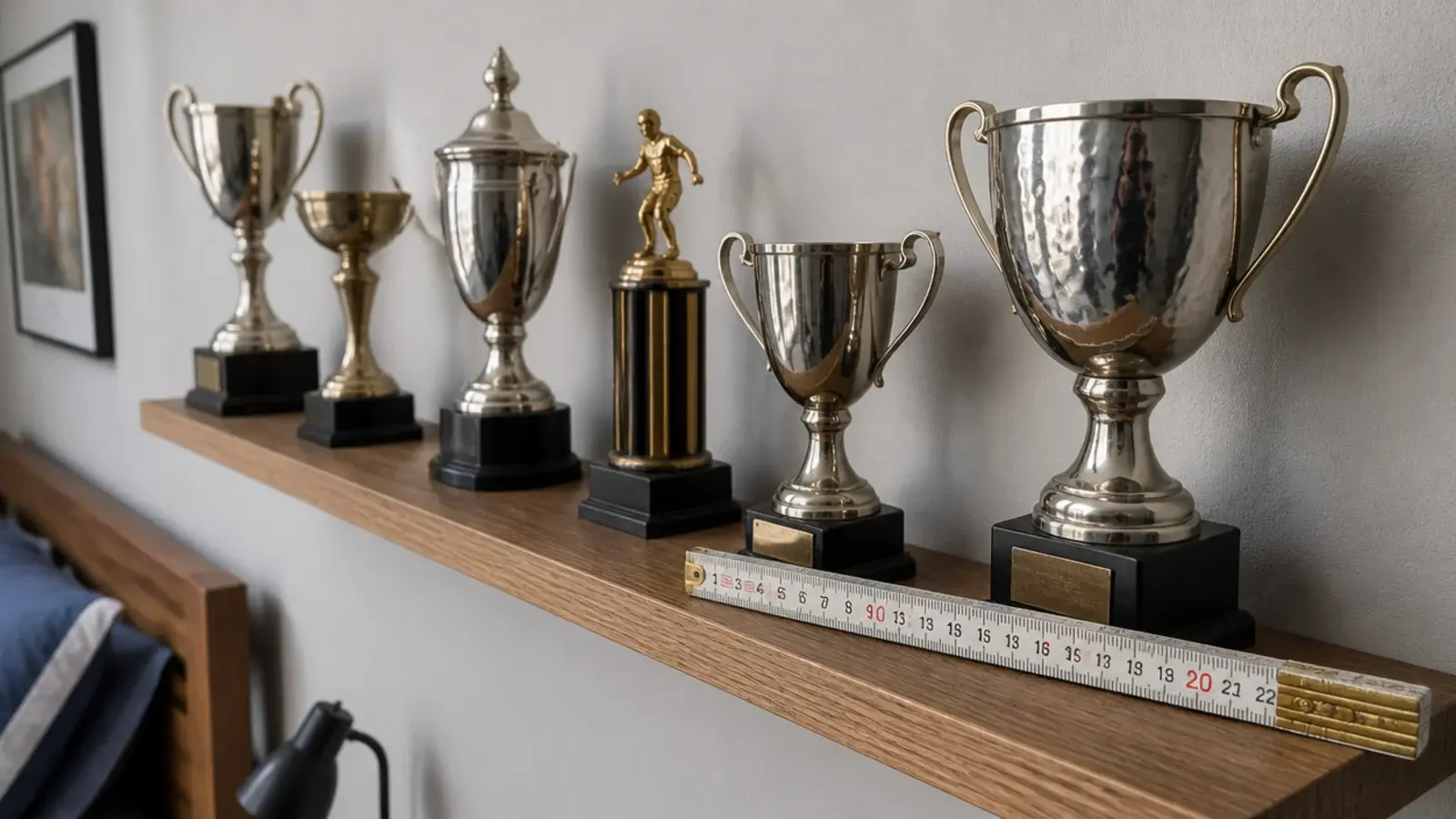 narrow trophy shelf holding cups and medals along a bedroom wall