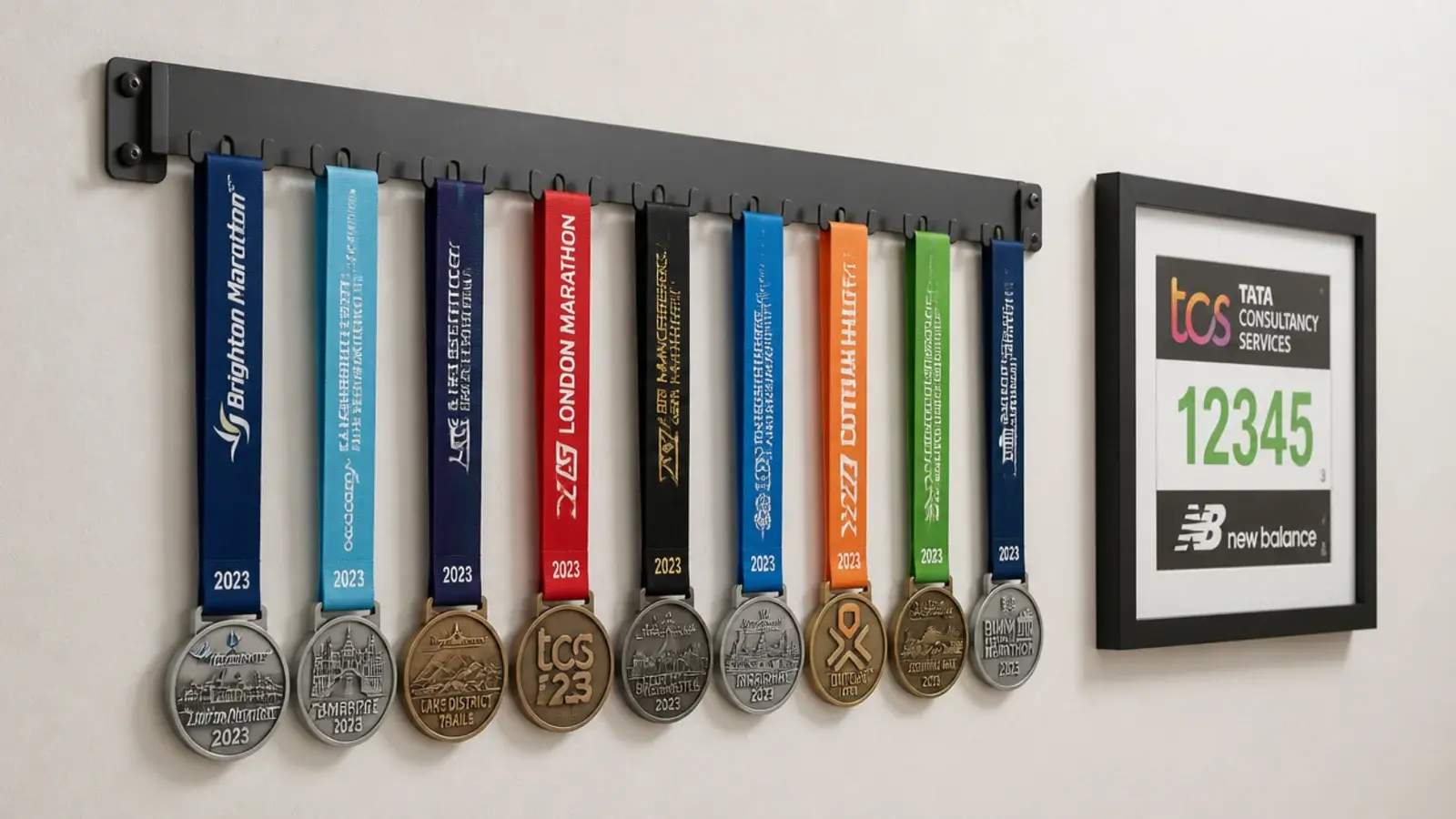 row of medals hanging evenly from a wall mounted display rail