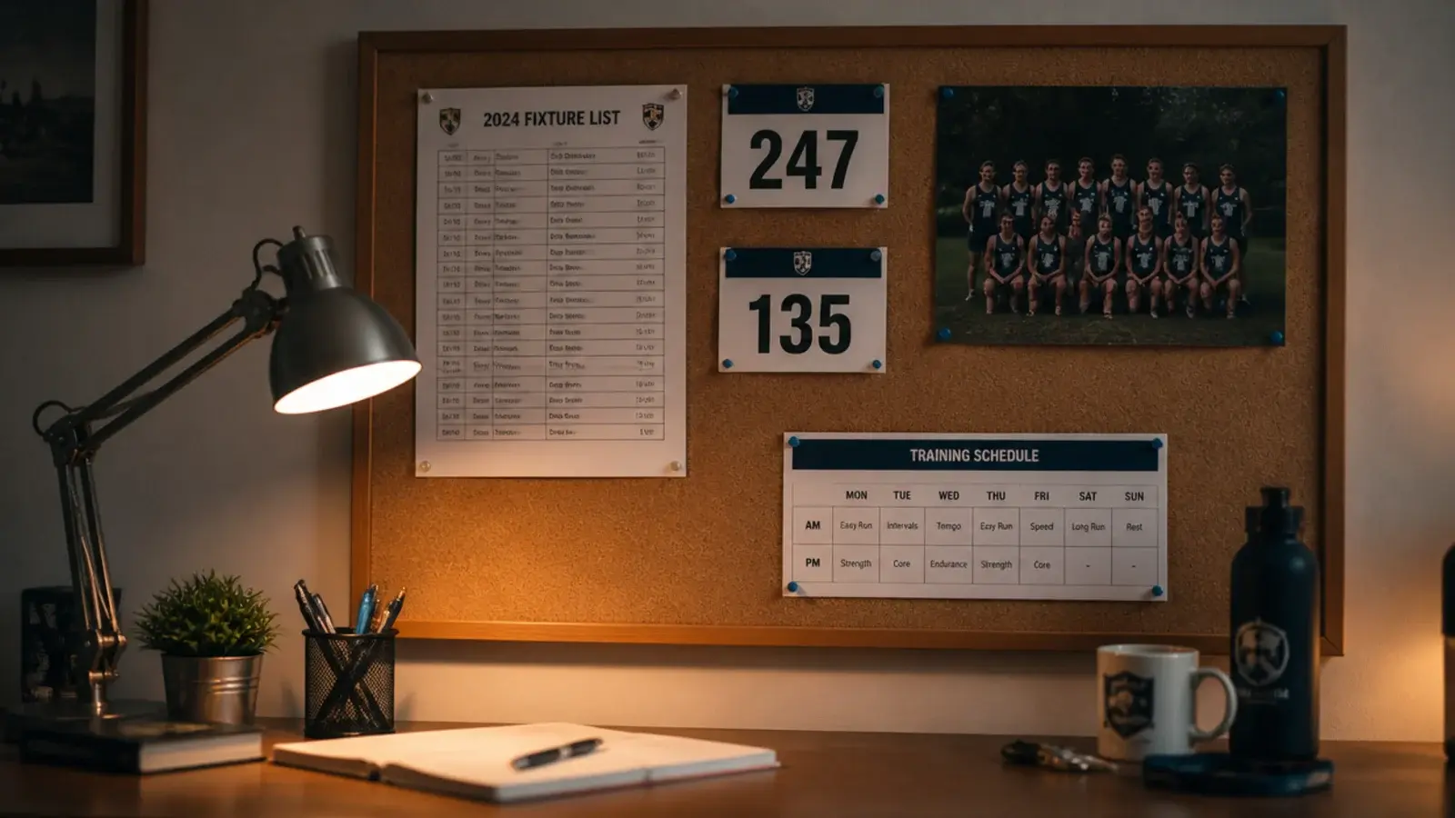 cork board carrying fixture lists race numbers and team photos