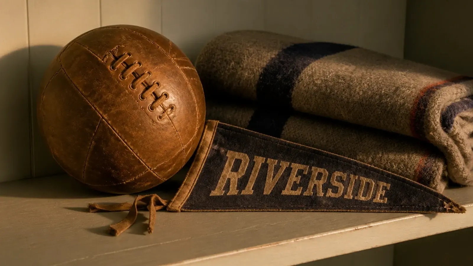 worn leather ball and old pennant displayed on a plain shelf