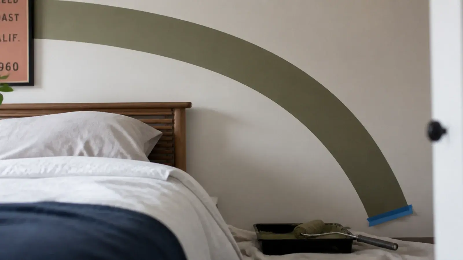 single painted court line arc curving across a bedroom wall