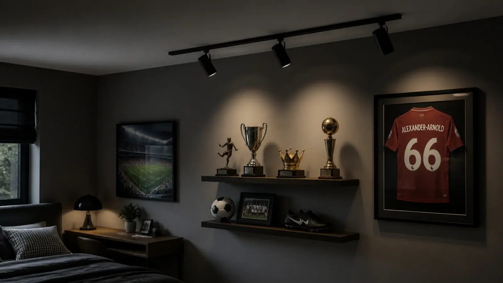track lighting heads aimed at a trophy shelf and framed shirt