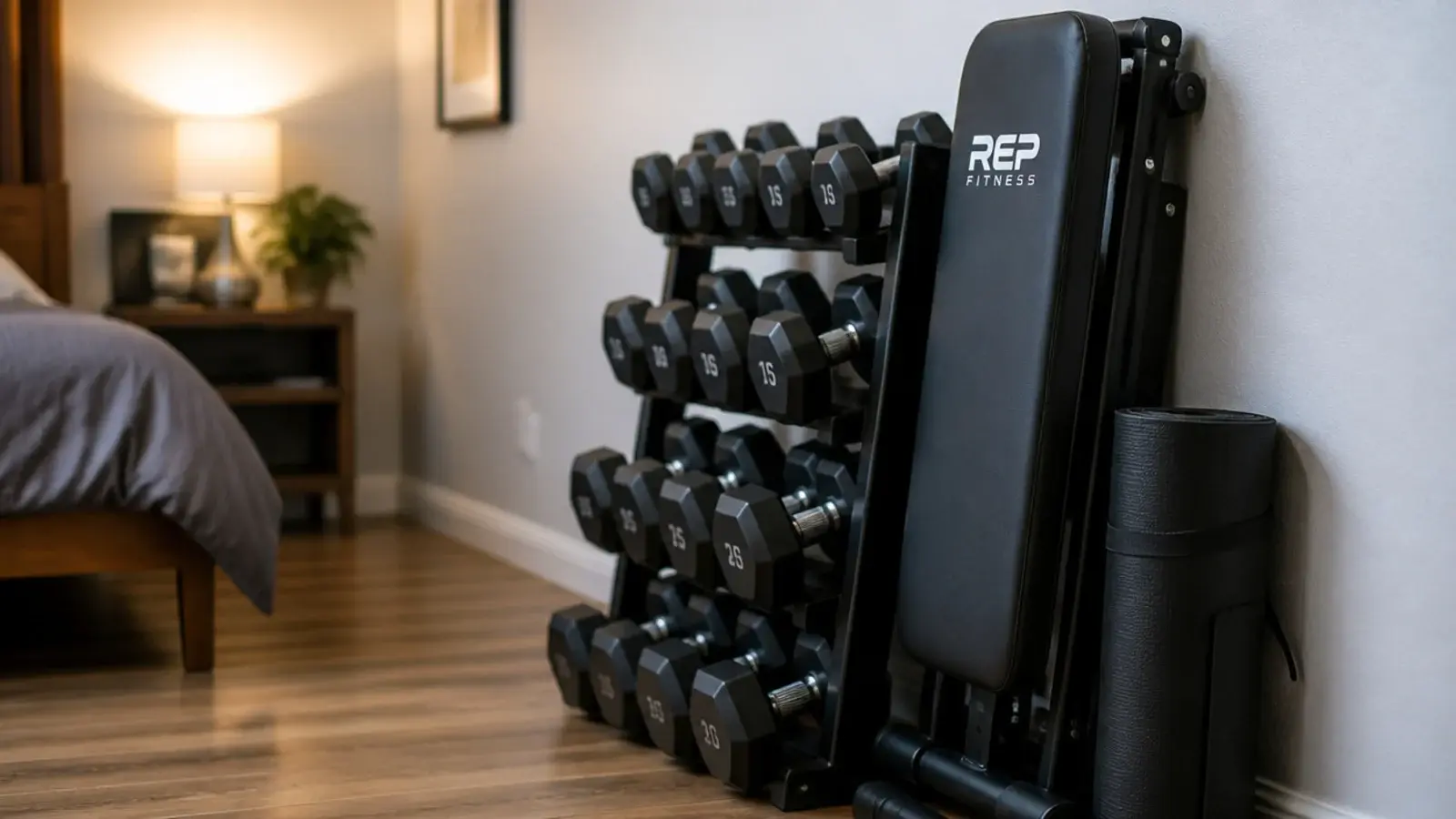 dumbbell rack standing against a bedroom wall beside a bench