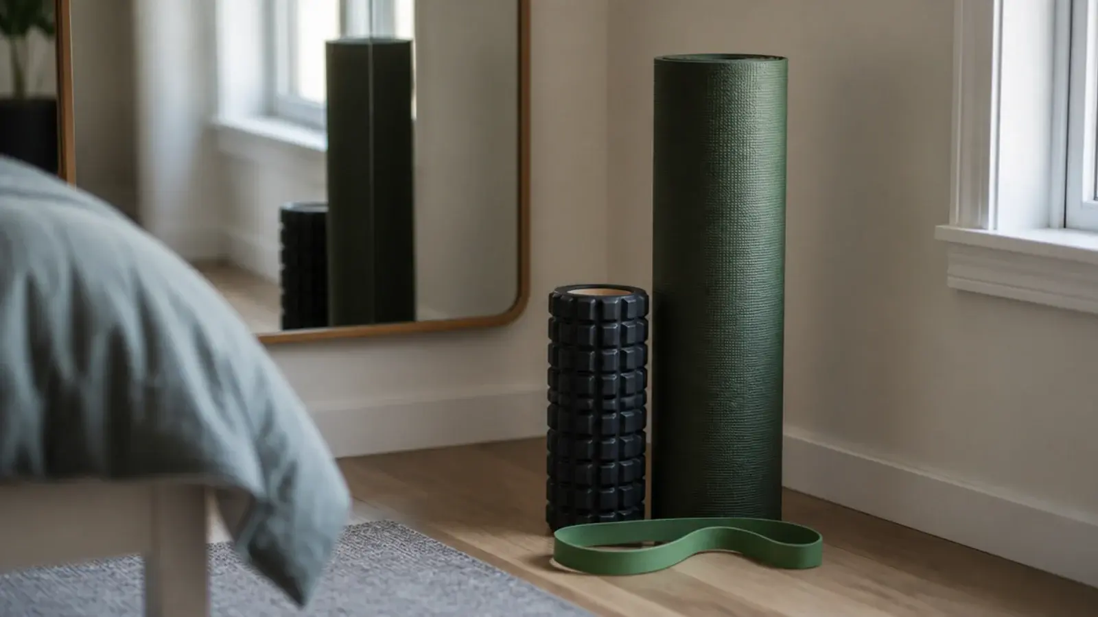 exercise mat rolled beside a foam roller in a bedroom corner