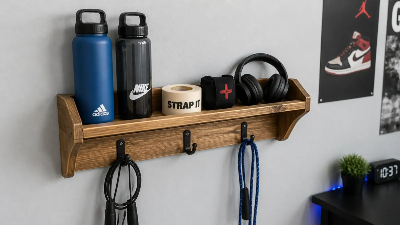 small shelf holding water bottles tape and a foam roller