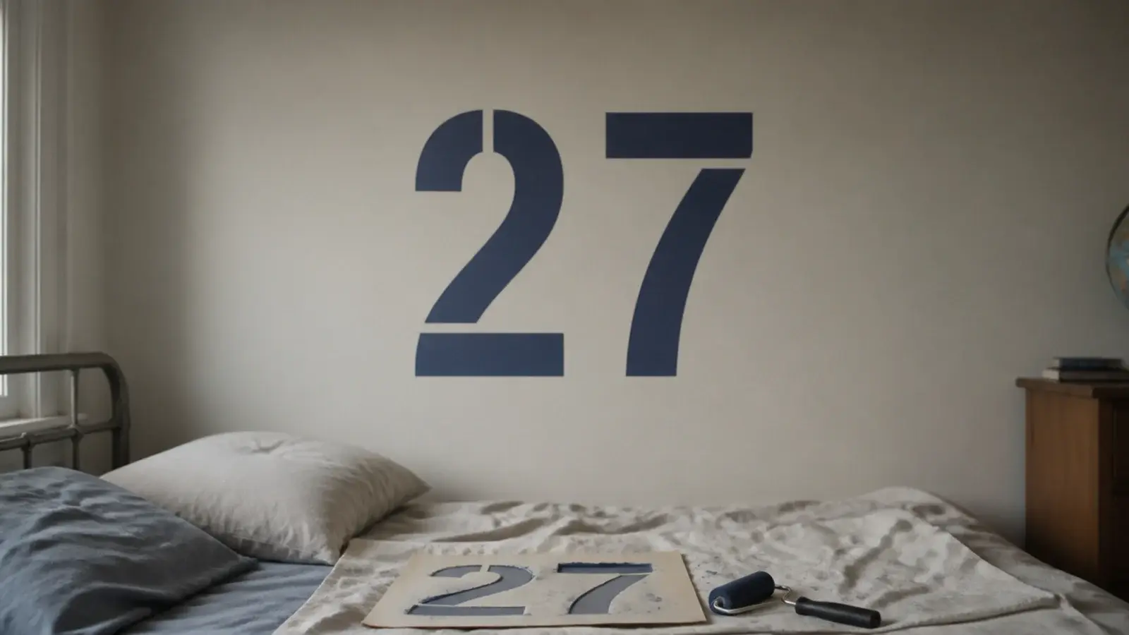large painted number stencilled on a plain bedroom wall