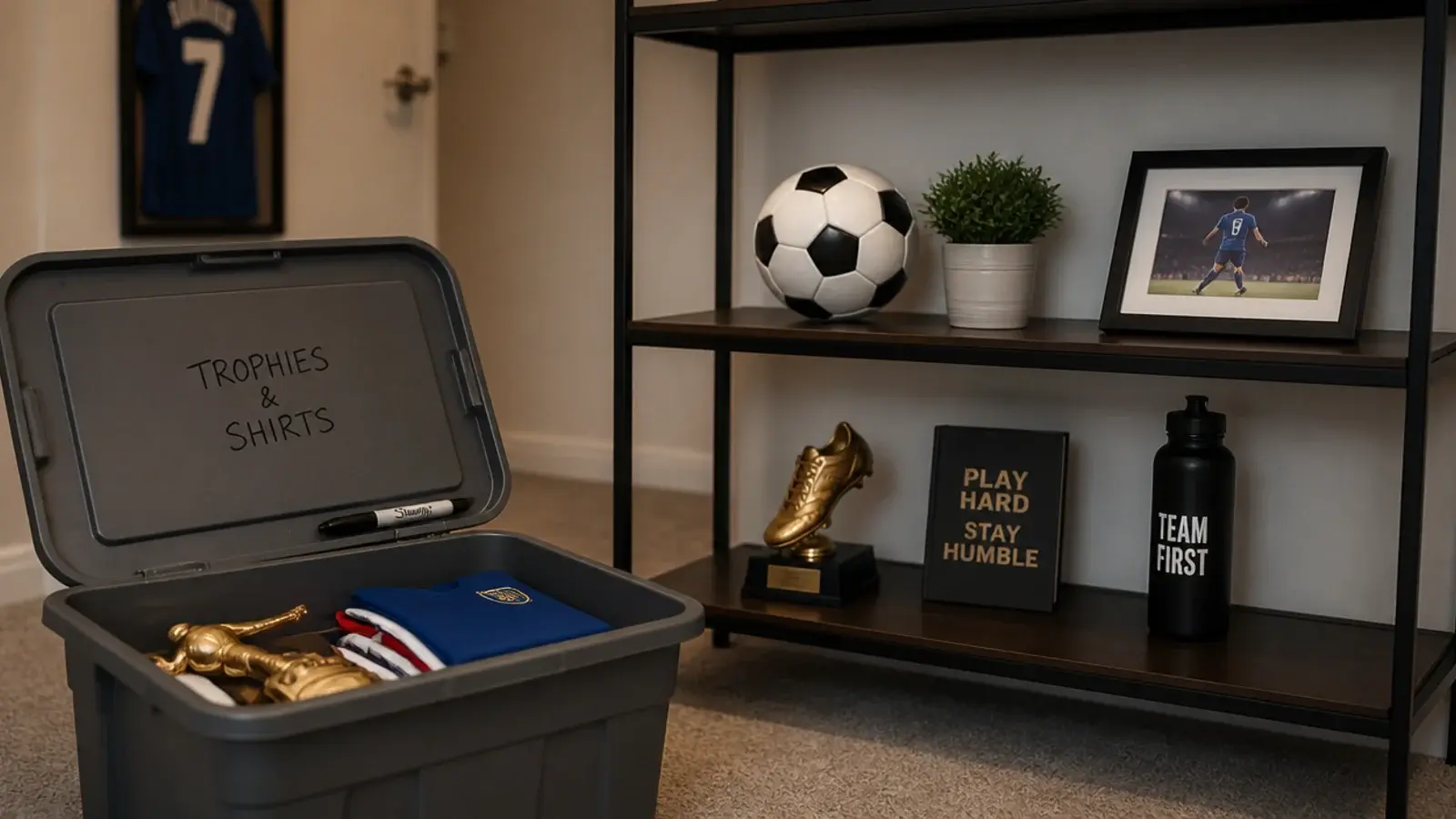 storage box of packed away trophies beside a refreshed shelf