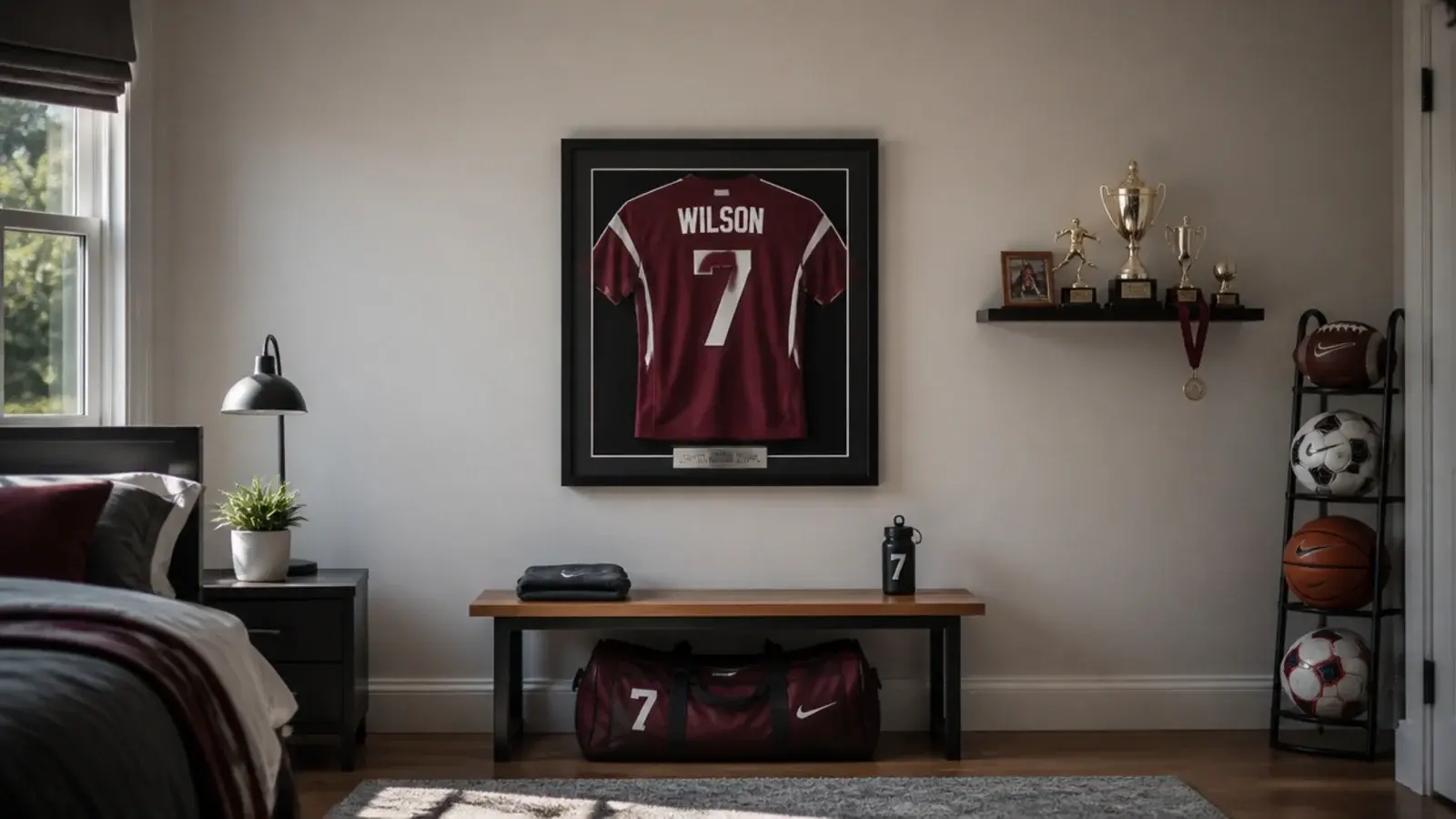 tall teen boy sports bedroom view with framed shirt shelf and kit bench