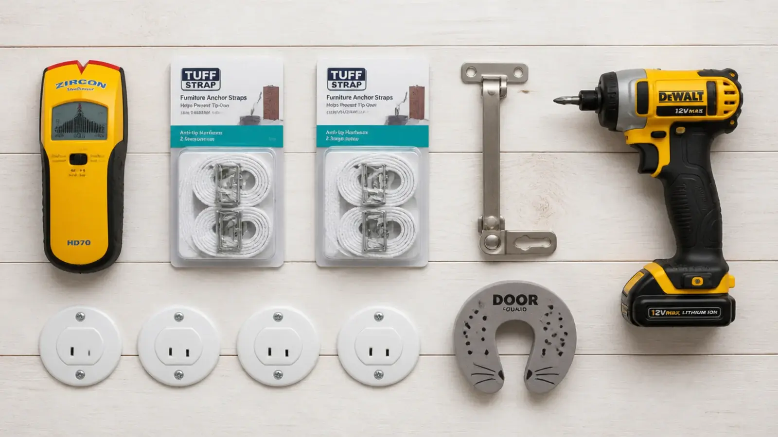stud finder anchor straps window restrictor and socket covers laid out