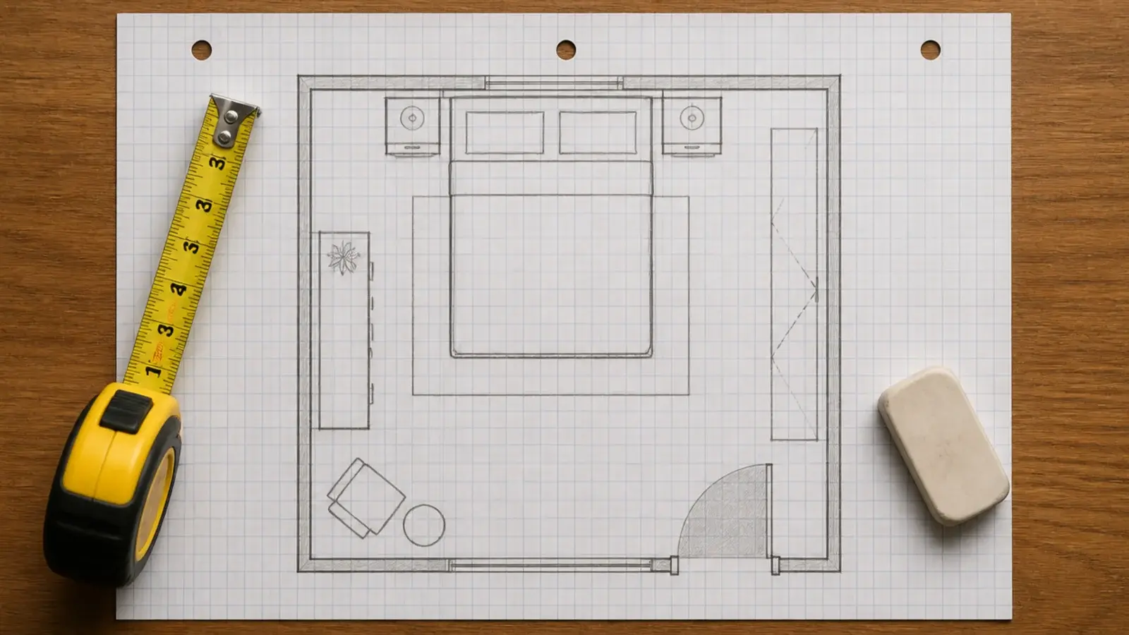 graph paper bedroom plan with a shaded door swing arc marked