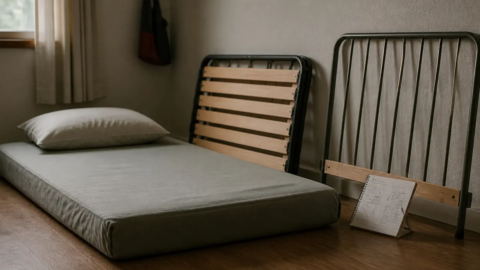 three bed options sketched beside a low mattress on bedroom floor