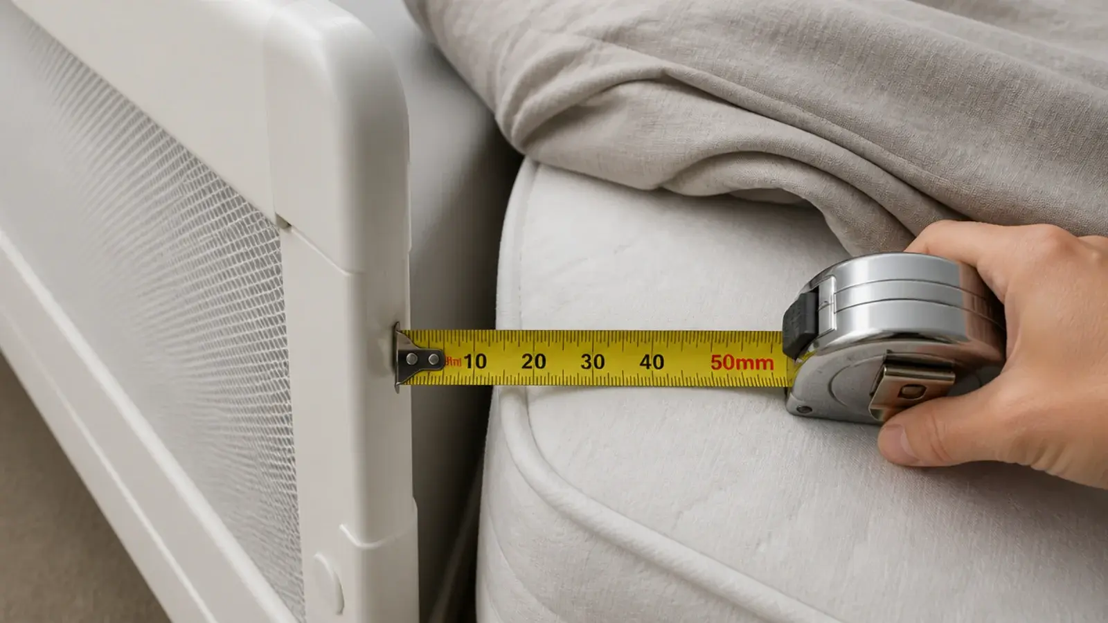 tape measure checking the gap between a bed rail and mattress edge