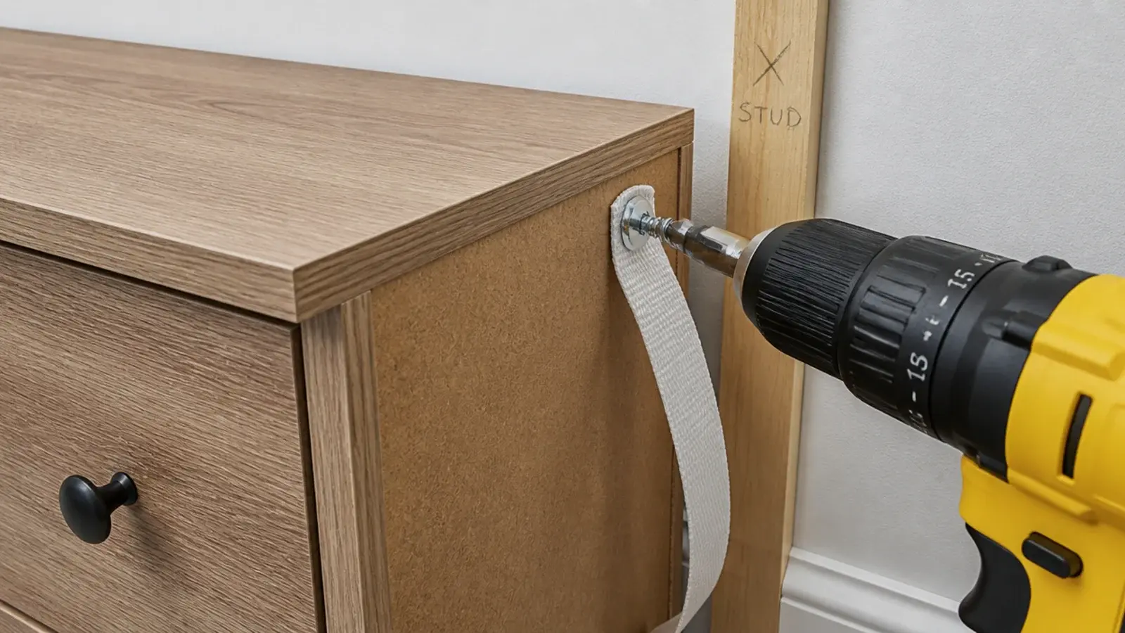 anchor strap screwed through a dresser back into a marked wall stud