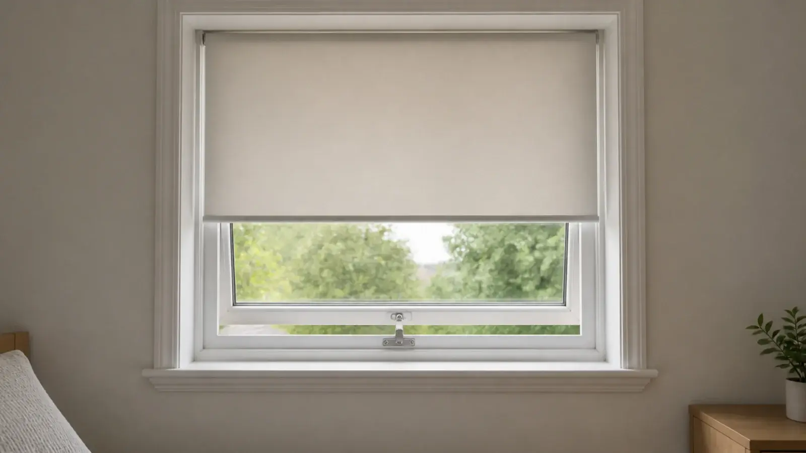 cordless blind fitted above a window with a small metal restrictor
