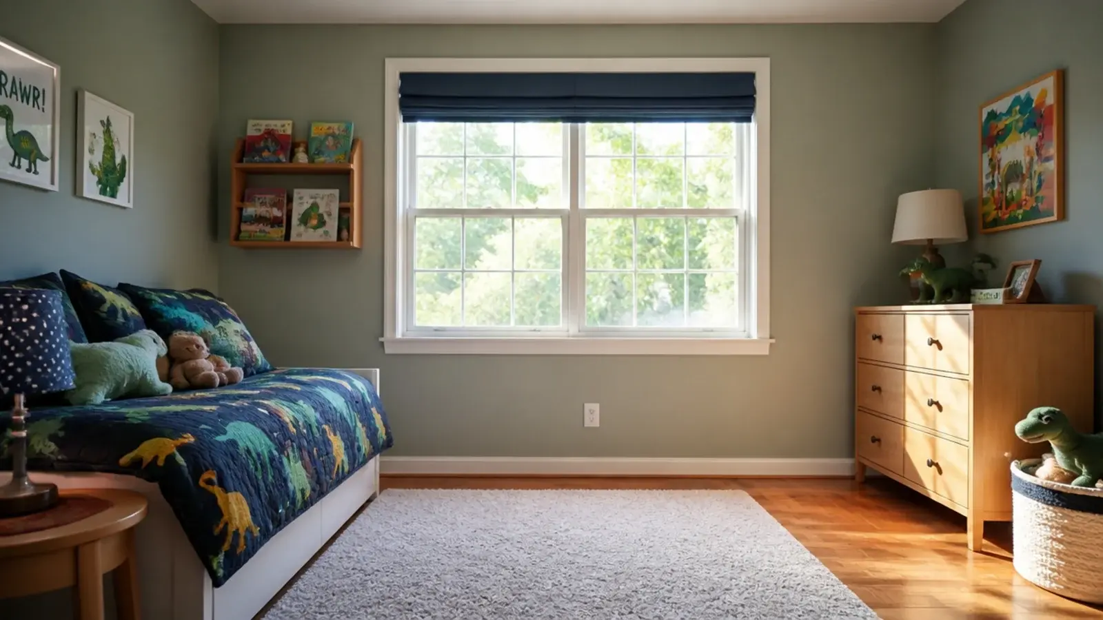 empty wall below a bedroom window with furniture moved well back