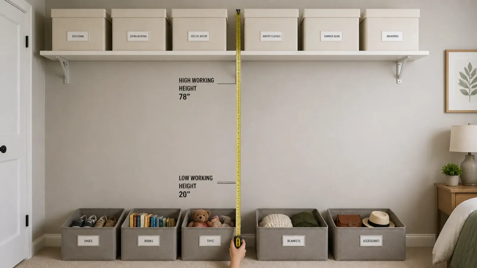 low bins and a high shelf marked with a tape measure between them