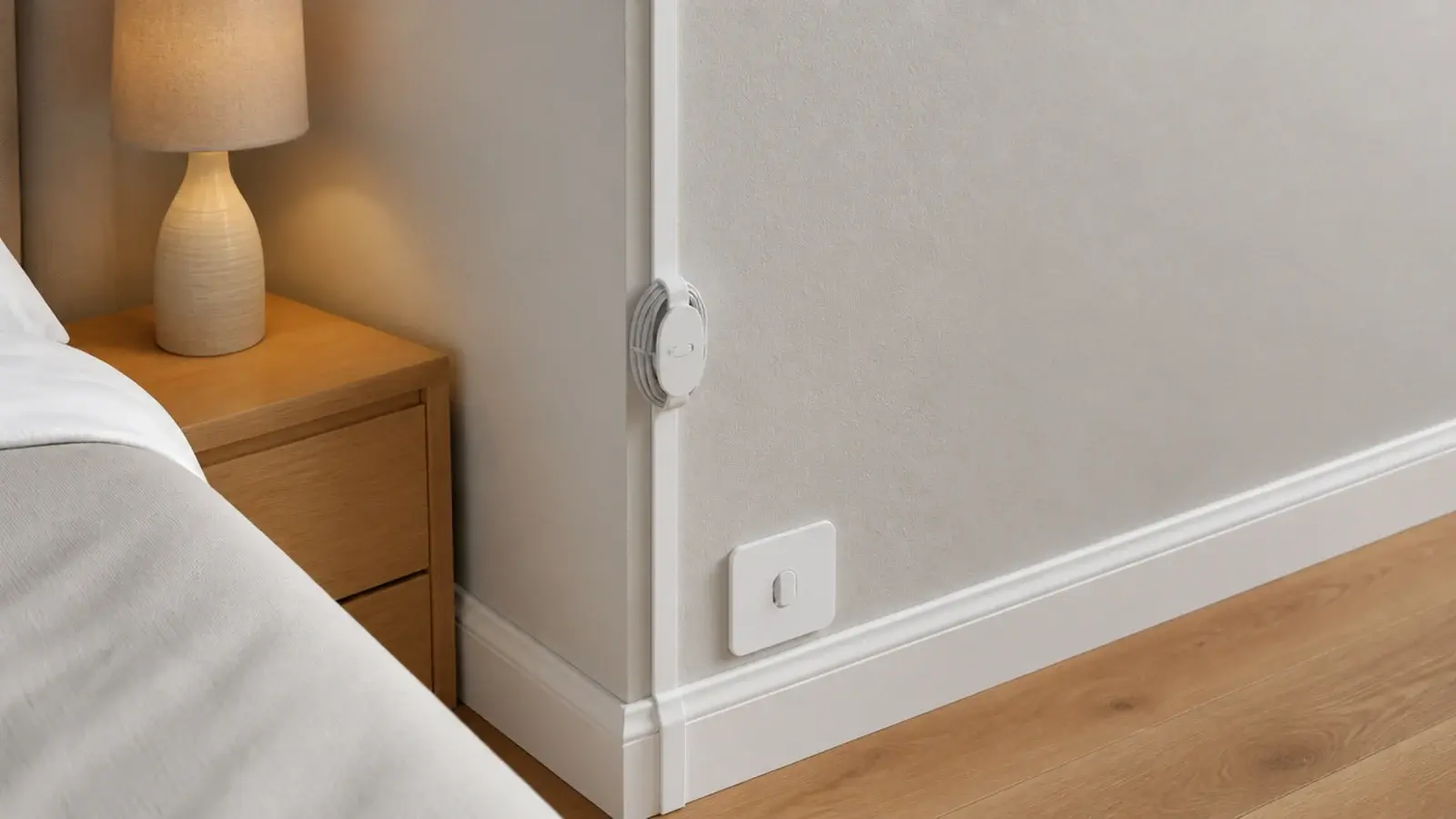 lamp cable clipped into a channel running down to the skirting board