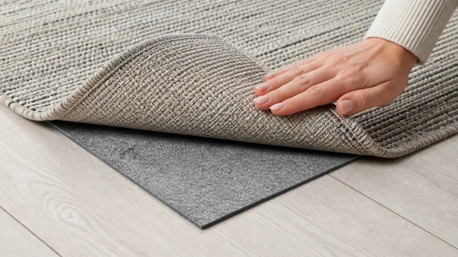 rug corner lifted to show non slip underlay cut smaller beneath
