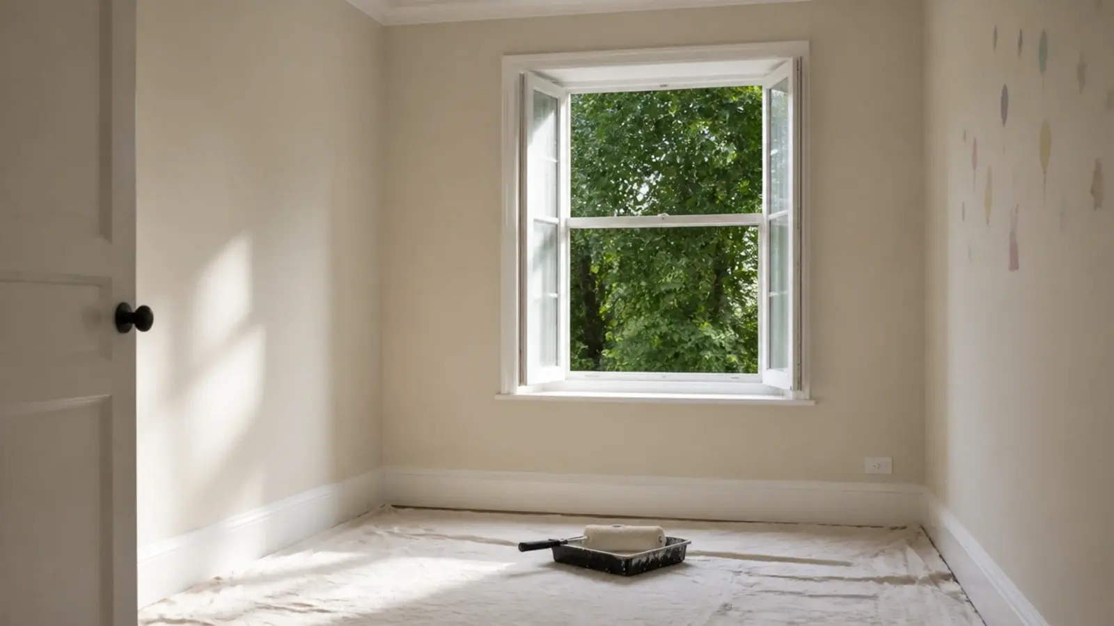 freshly painted empty bedroom with the window wide open to air