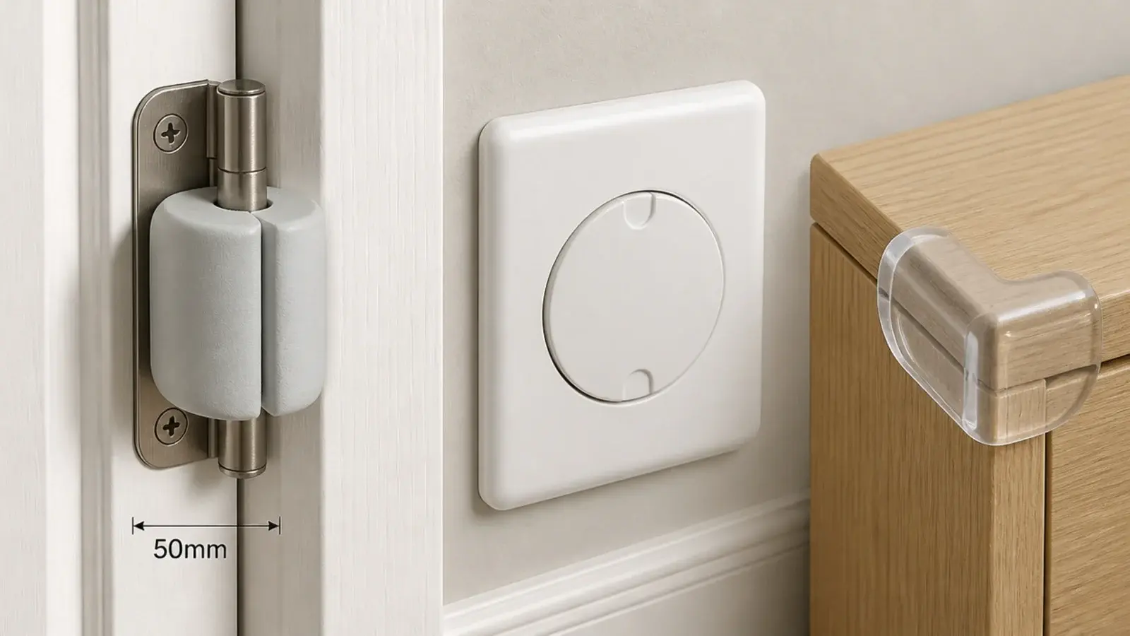 foam guard on a door hinge beside a covered socket and corner pad