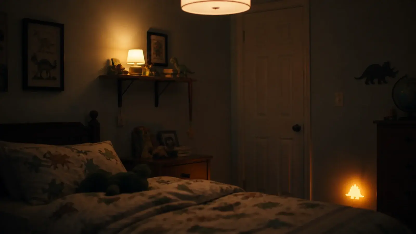 dimmed ceiling light warm lamp and amber nightlight in one bedroom