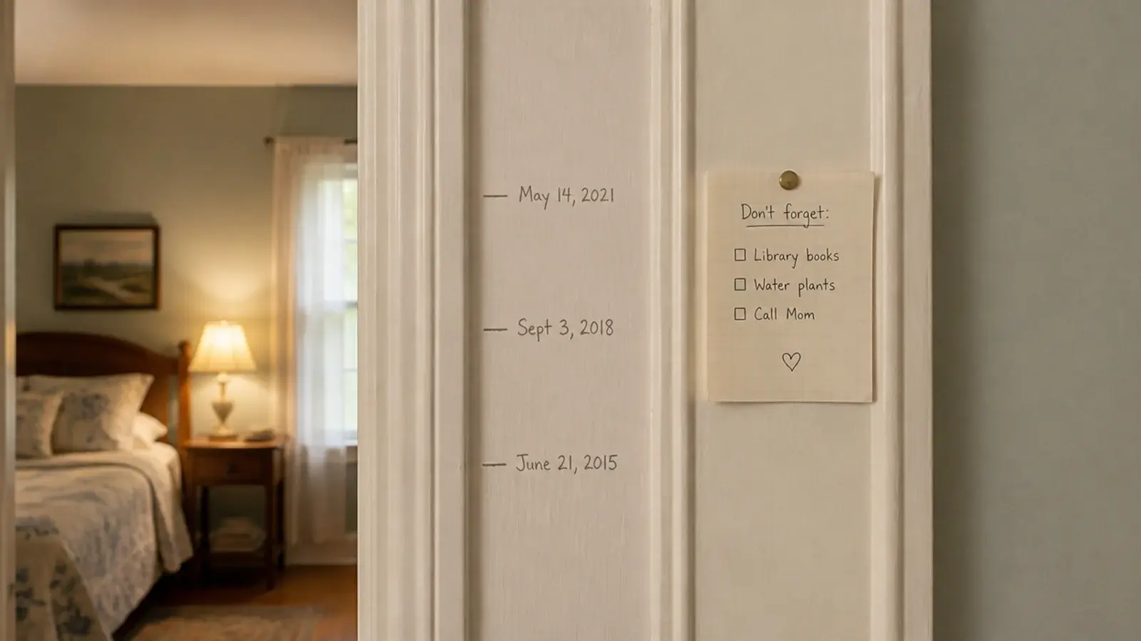 pencil marks on a door frame beside a fifteen minute check list
