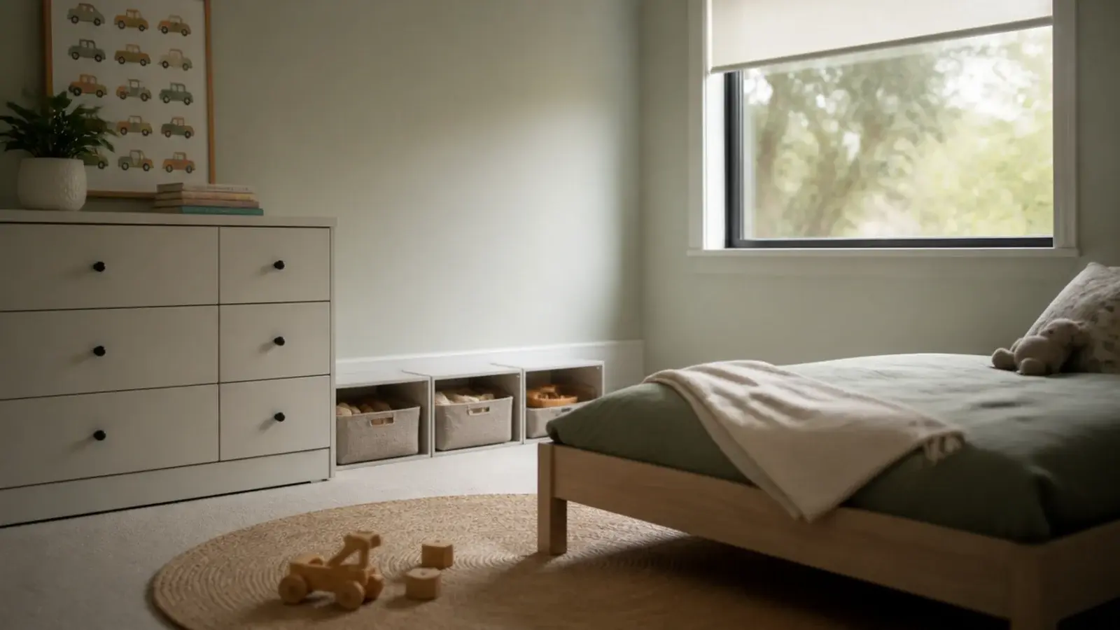 toddler safe girl bedroom with anchored storage low bed and cordless blind